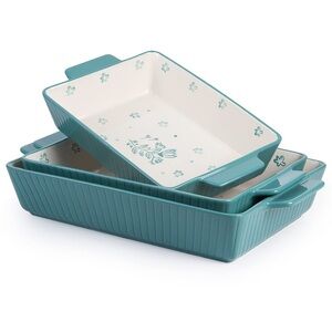 Wisenvoy Blue Green Flower Baking Dish Ceramic 3 Piece Bakeware Set